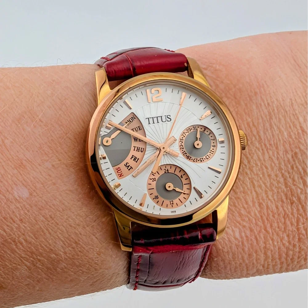 Titus Retrograde Multifunction Rose Gold Burgundy Leather Women's Watch 29mm